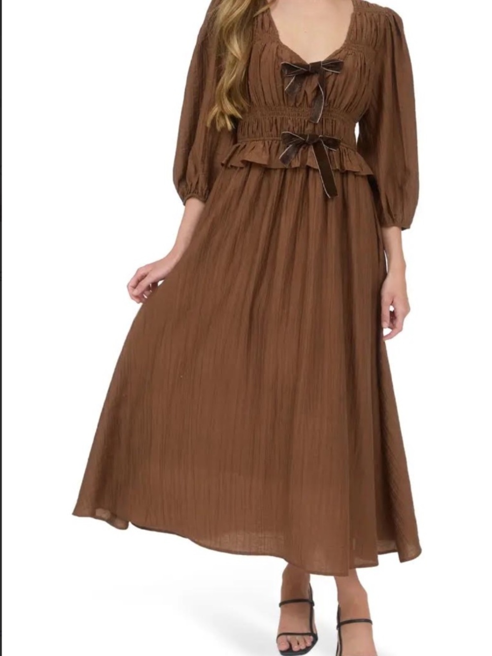 Brown Three Quarter Sleeve Maxi Dress